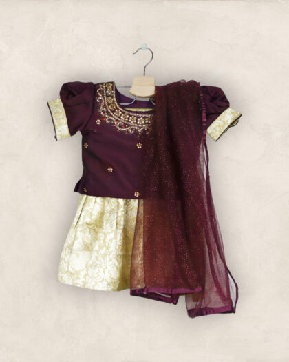 Wine And Gold Lehenga Choli Set With Dupatta/2-3 Years
