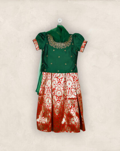 Green And Orange Tussar Lehenga Choli Set With Dupatta/7-8 Years