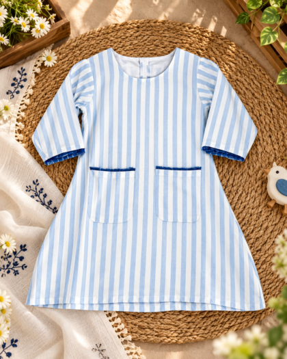 Blue and White Striped A-Line Frock