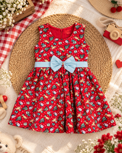 Red Christmas Frock With Green Bow