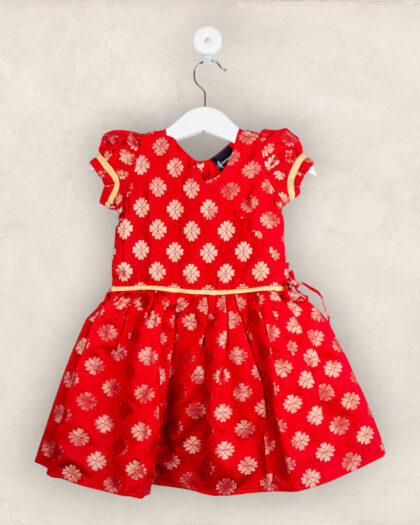 Red With Golden Flower Print Frock