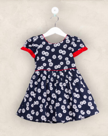 Navy Blue With Red Frills Cotton Frock