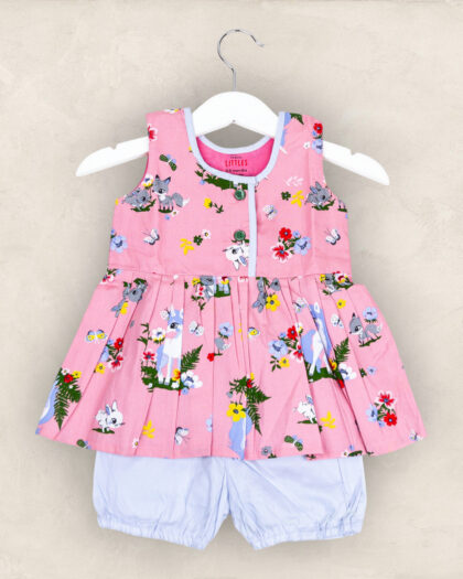 Pink Bunny And Flowers Frock And Bloomers