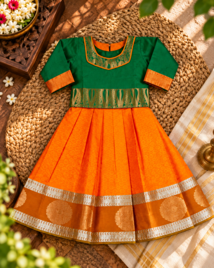 Mango Orange Big Border Pavadai with Bottle Green Short Chattai