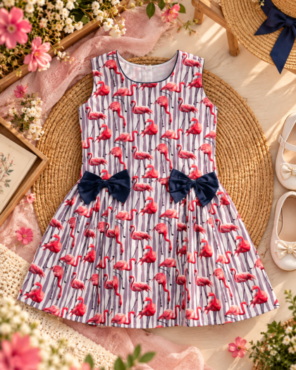 Red Crane Double Bow Frock In Cotton