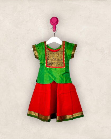 Red Handloom Cotton Pavadai With Green Chattai