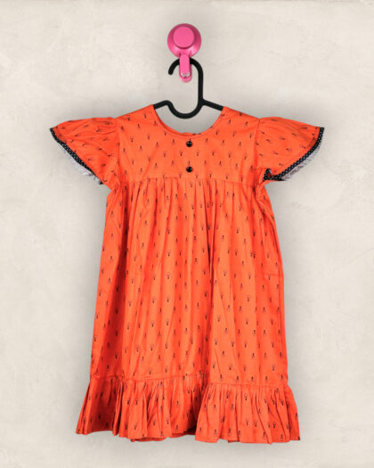 Orange Bulb Butterfly Sleeve Yoke Frock