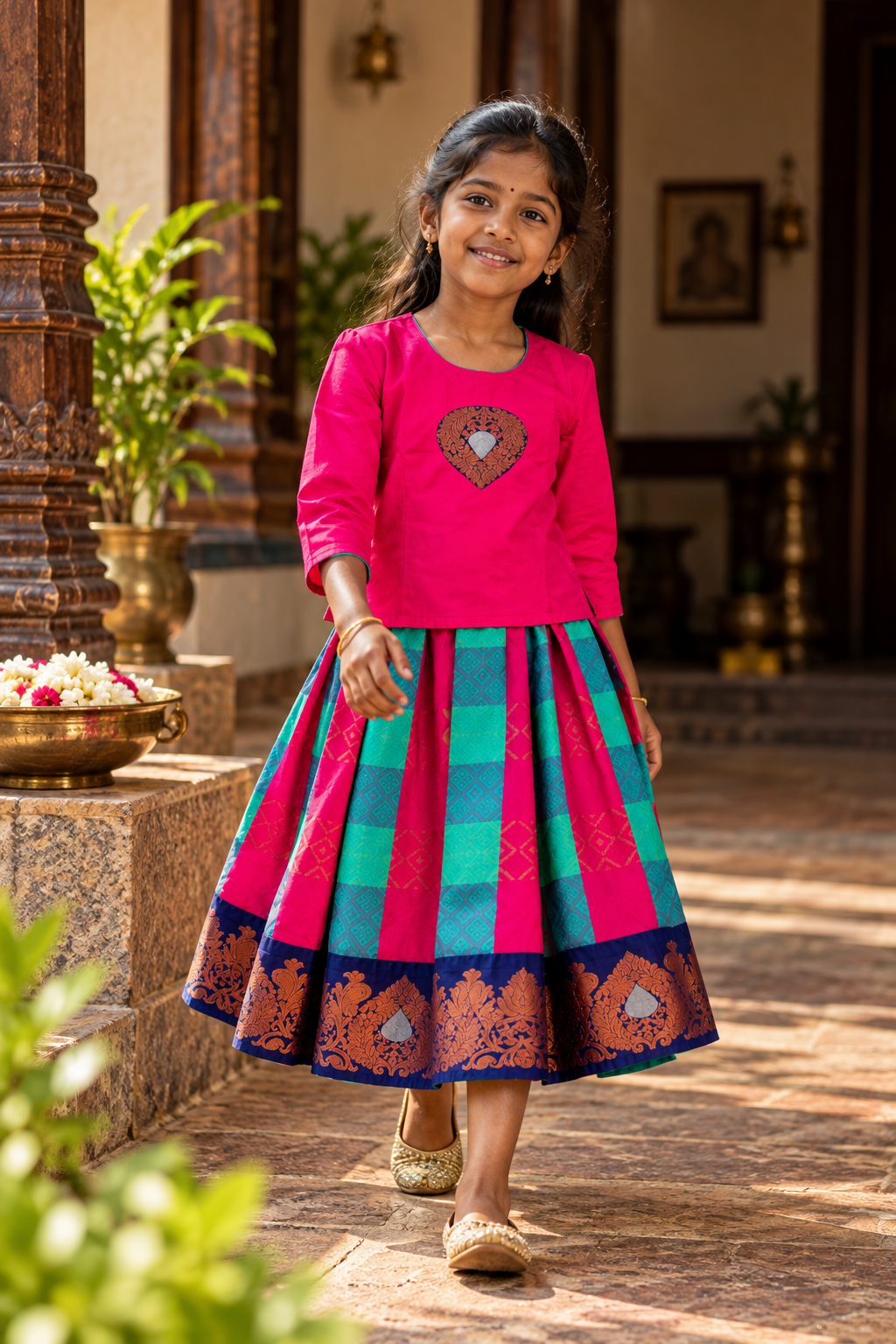 Pink and Green Checked Pavadai with Petal Pink Patch Work Chattai - Image 2