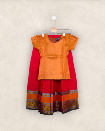 Maroon Big Border Pavadai With Rust Embroidered Chattai( Pavadai Cotton & Chattai Jasmine Silk)