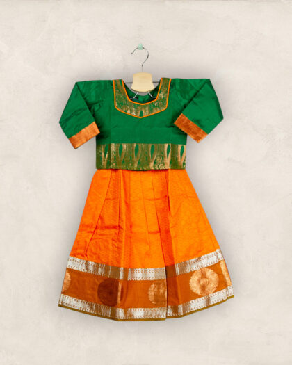 Mango Orange Big Border Pavadai with Bottle Green Short Chattai