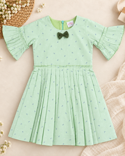 Pista Green And Grey Bow Frock In Cotton