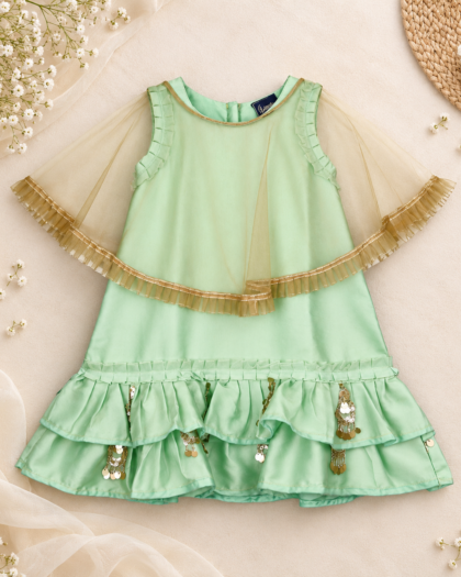 Fluorescent Green With Cloak Party Frock