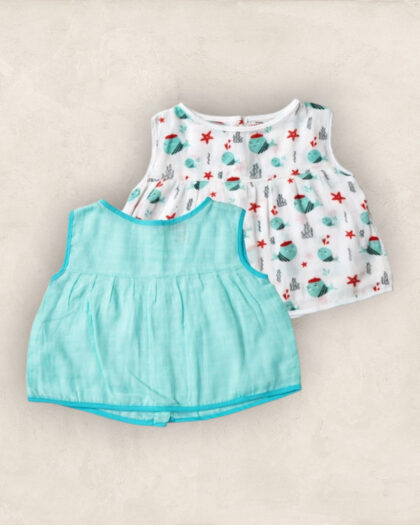 Muslin Jabla Blue Set Yoke Frock-Back Open Set of 2