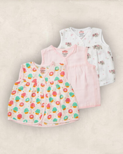 Muslin Jabla Pink Set Yoke Frock-Front Open Set of 3