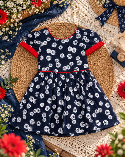 Navy Blue With Red Frills Cotton Frock