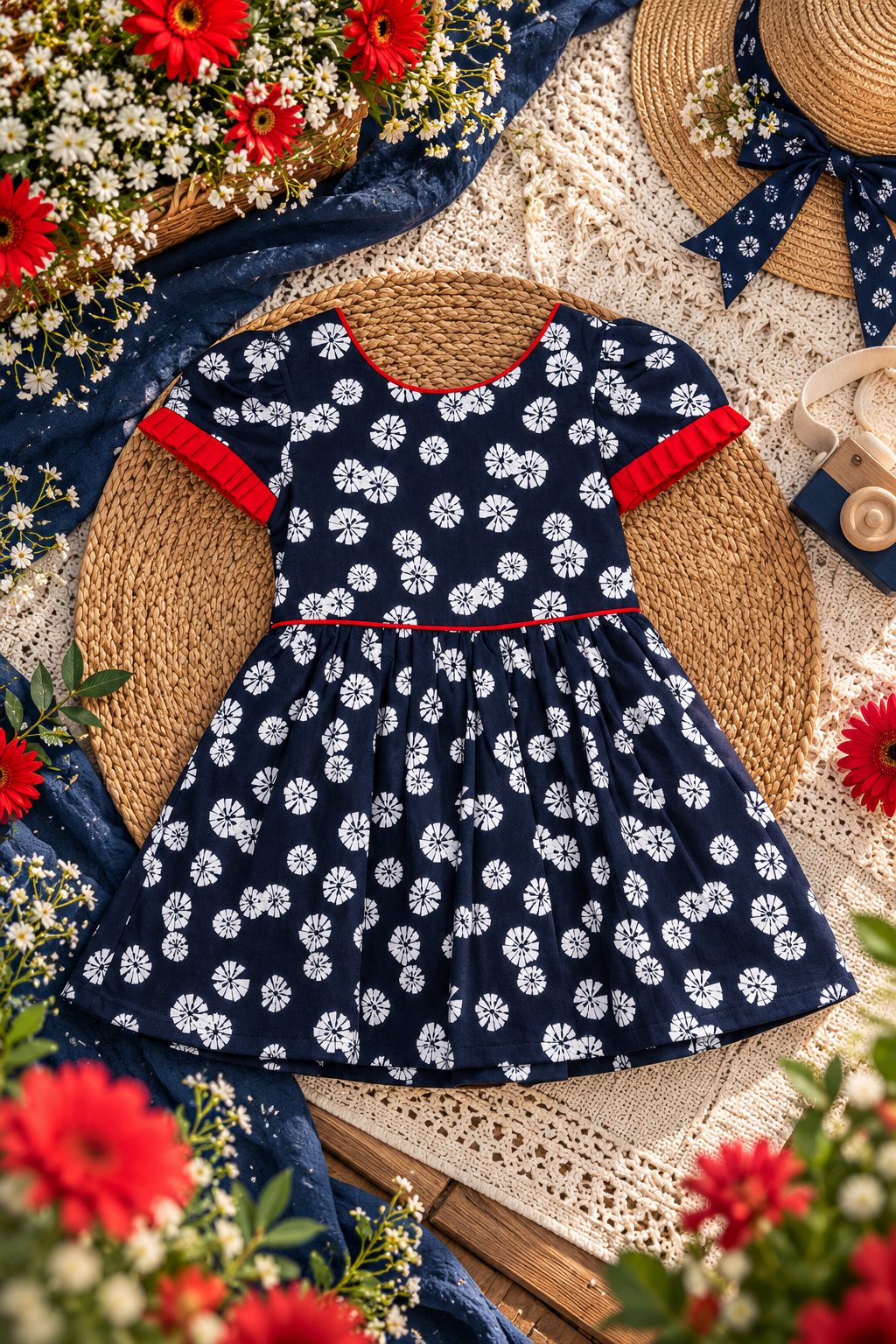 Navy Blue With Red Frills Cotton Frock
