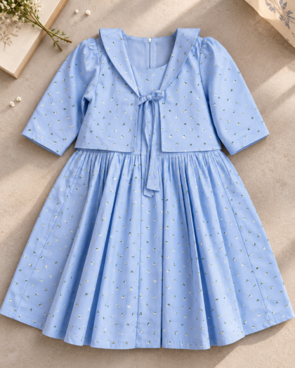 Sky Blue Coat Frock In Cotton