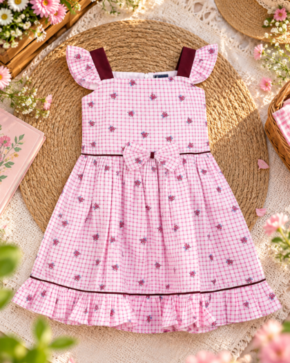 The Pink Checked Floral Bow Frock