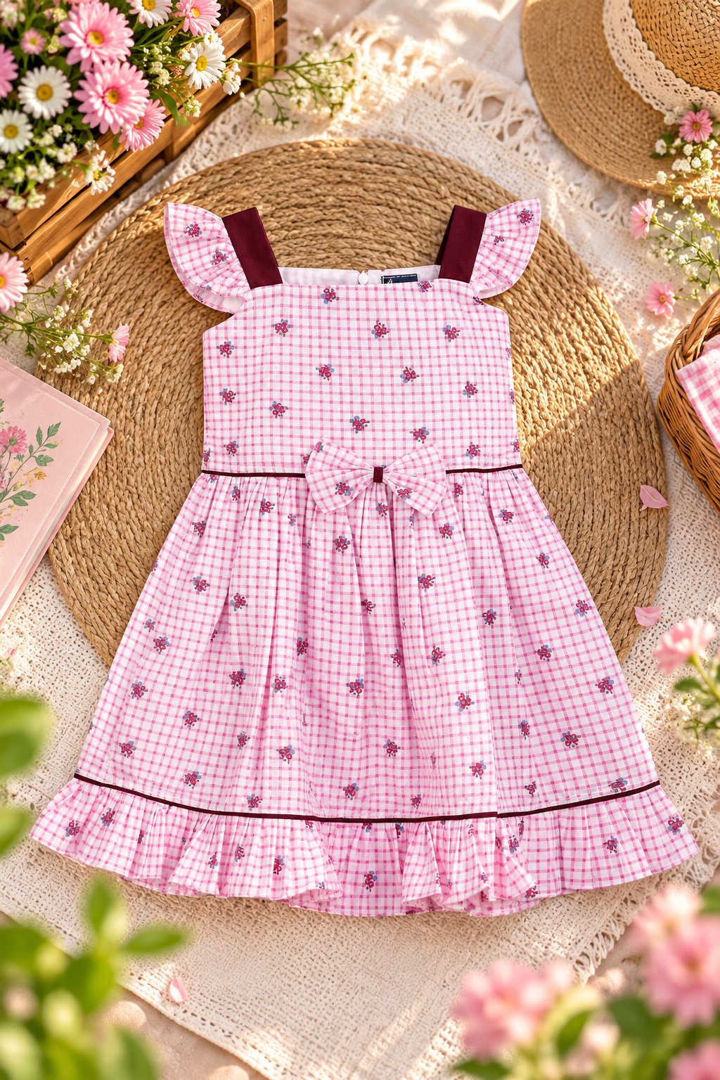 The Pink Checked Floral Bow Frock