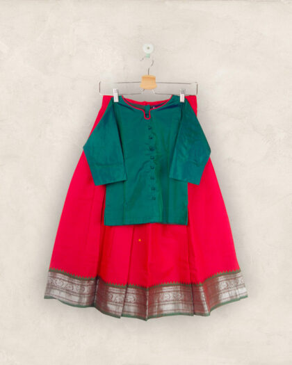 Red Pavadai With Green Chattai Piping Neck ( Pavadai Cotton & Chattai Jasmine Silk)