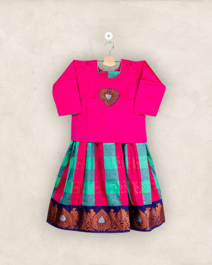 Pink and Green Checked Pavadai with Petal Pink Patch Work Chattai