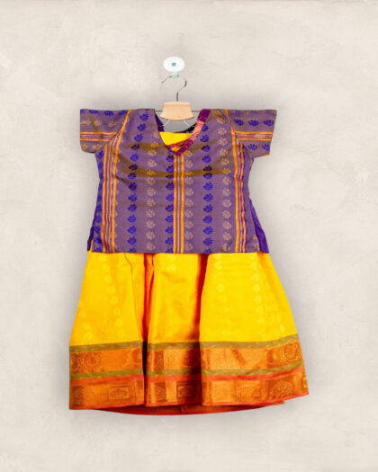 Lemon Yellow Pavadai and Royal Blue Chattai with a Striped Border Neck