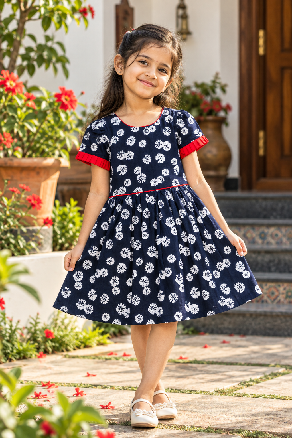 Navy Blue With Red Frills Cotton Frock - Image 2
