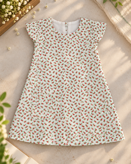 A-Line White And Red Flower Frock