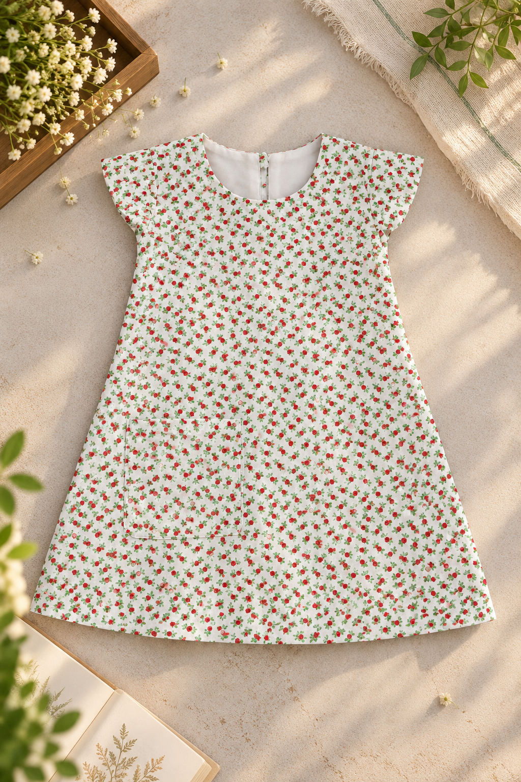 A-Line White And Red Flower Frock