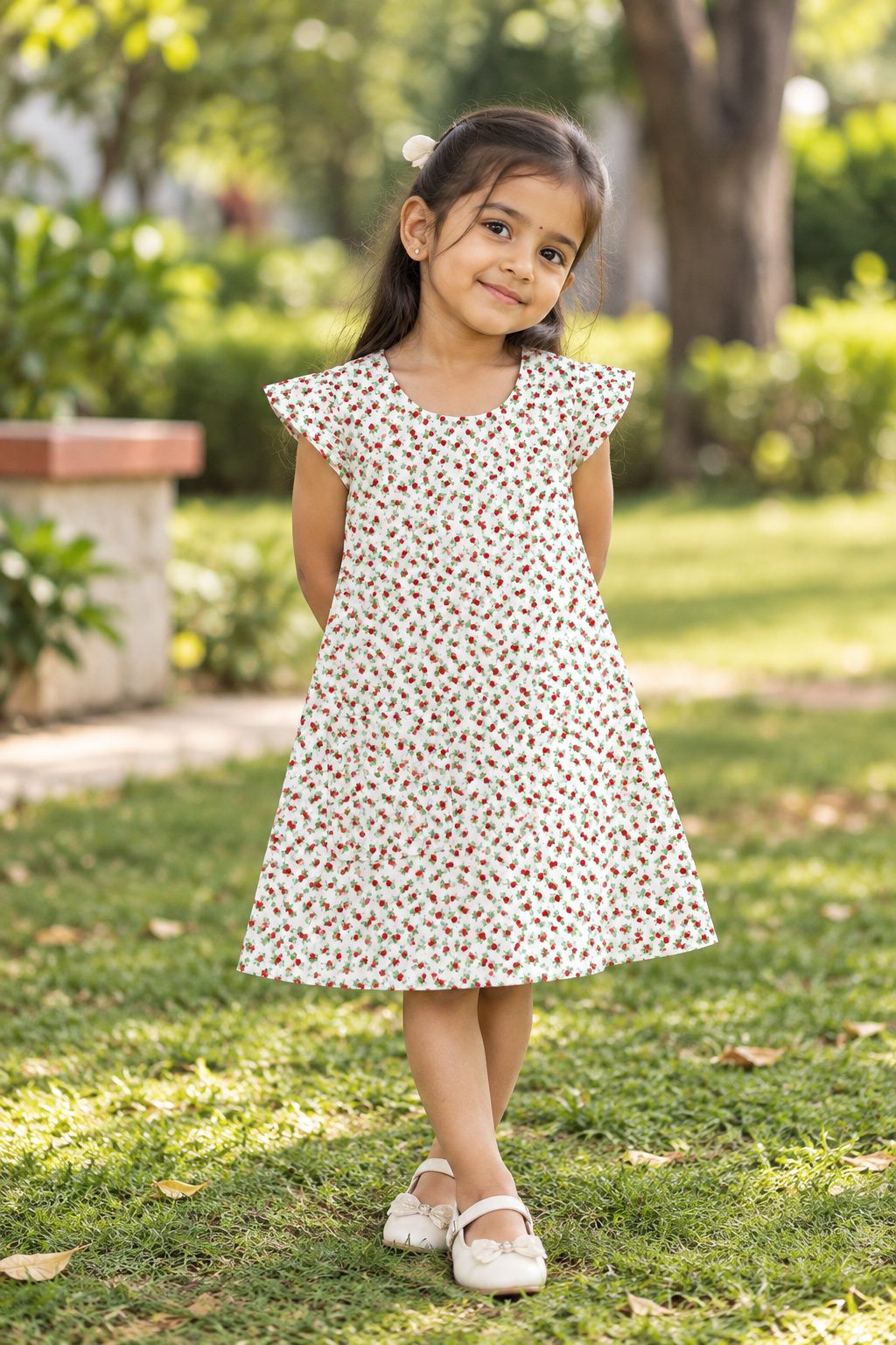 A-Line White And Red Flower Frock - Image 2