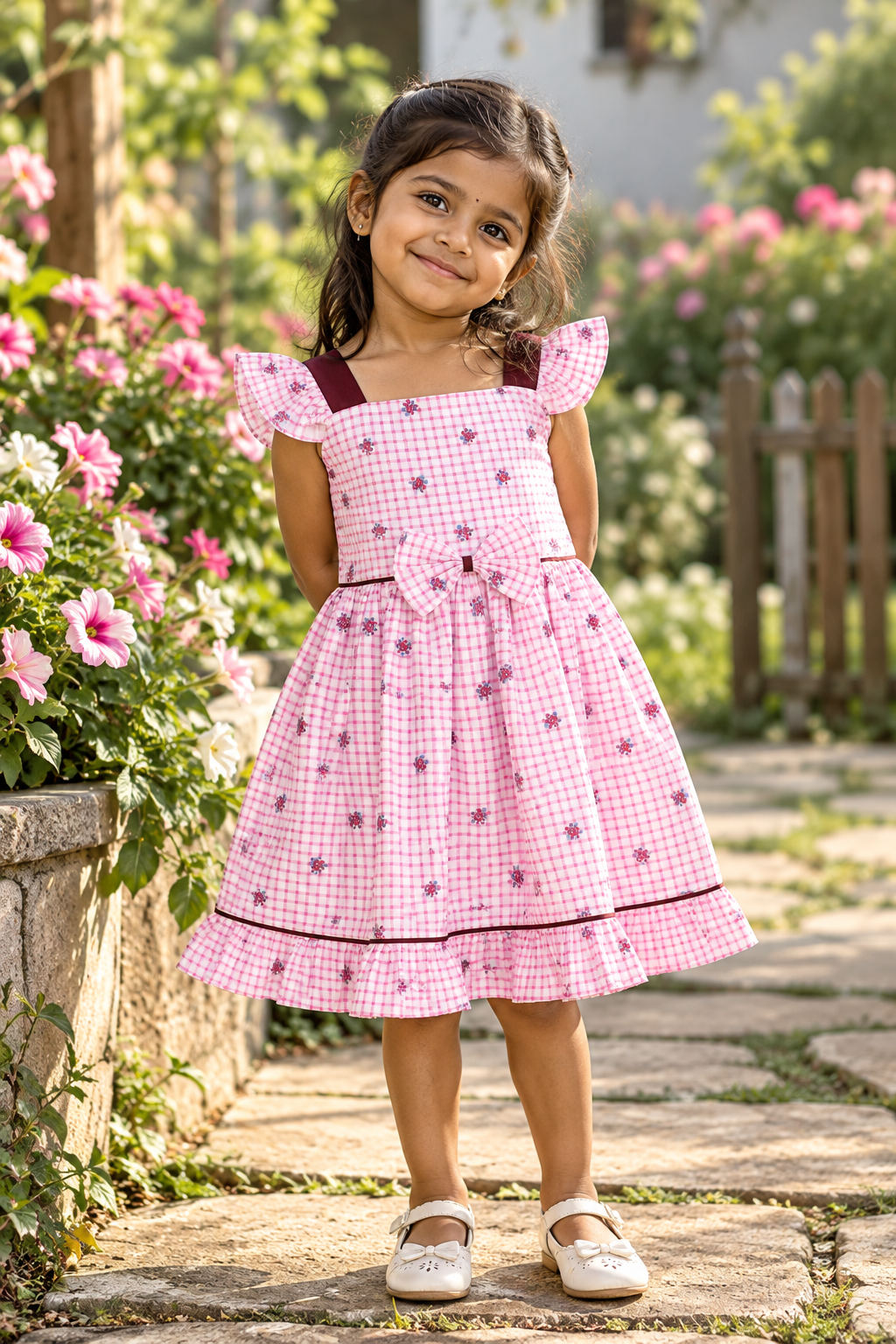 The Pink Checked Floral Bow Frock - Image 2