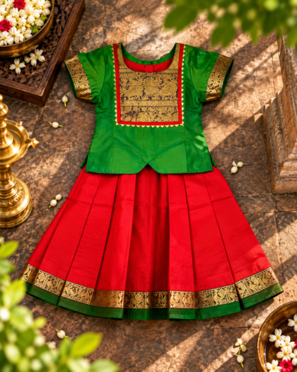 Red Handloom Cotton Pavadai With Green Chattai