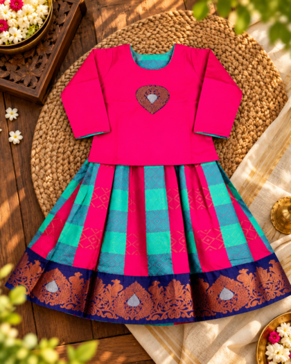 Pink and Green Checked Pavadai with Petal Pink Patch Work Chattai