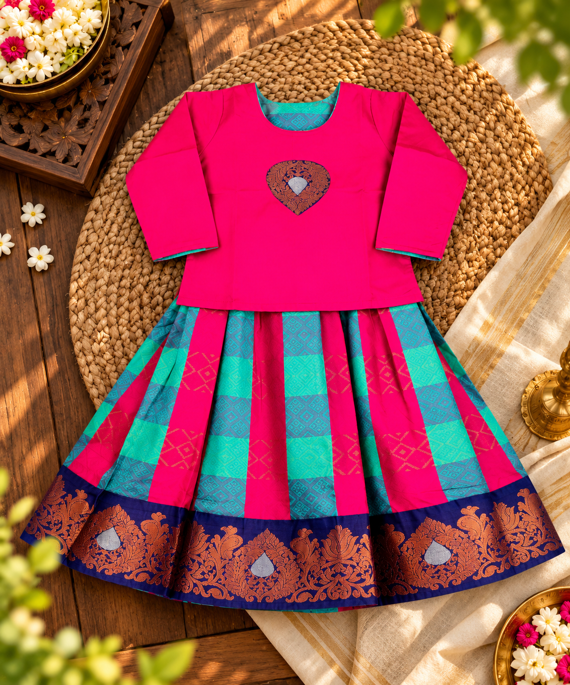 Pink and Green Checked Pavadai with Petal Pink Patch Work Chattai