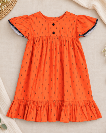 Orange Bulb Butterfly Sleeve Yoke Frock