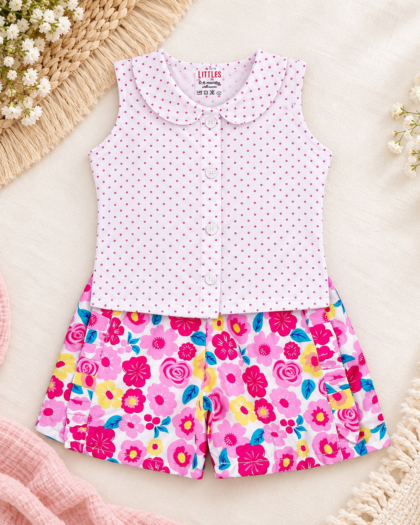Pink Polka Dot Top With Floral Shorts In Cotton