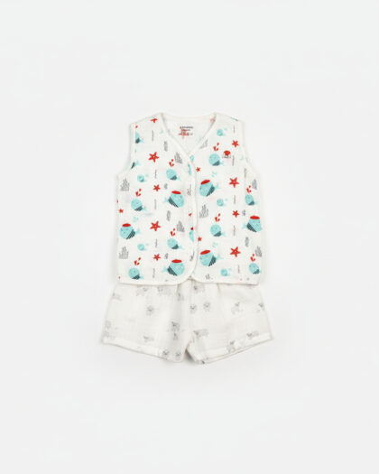 Muslin Jabla Blue Whale Sleeveless With Normal Short