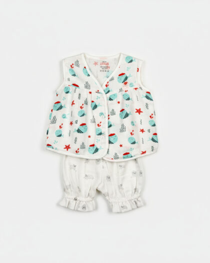 Muslin Jabla Whale Blue Front Open With Frill