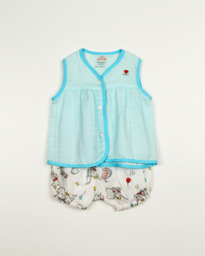 Muslin Jabla Blue Yoke Frock-Front Open With Bloomers