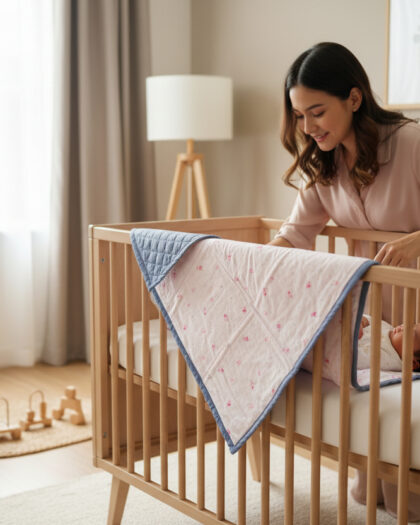 Five Layer Cotton and Muslin Baby Quilt Blue with Pink Florals