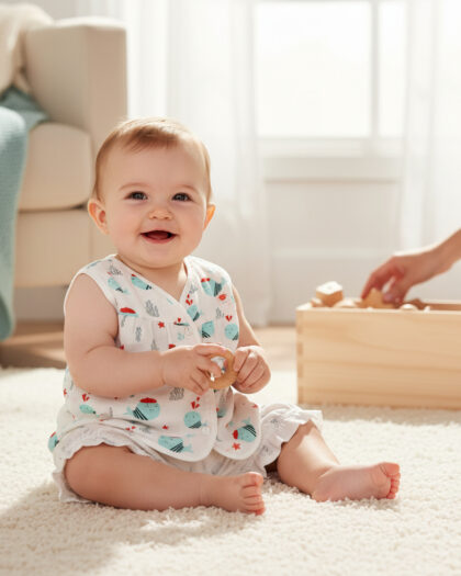 Muslin Jabla Whale Blue Front Open With Frill