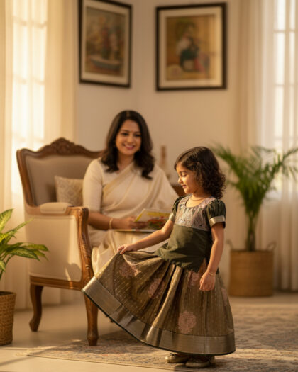 Grey And Green Softsilk Pavadai Chattai