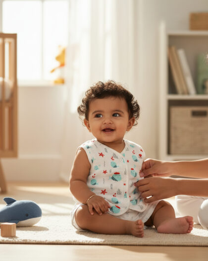 Muslin Jabla Blue Whale Sleeveless With Normal Short