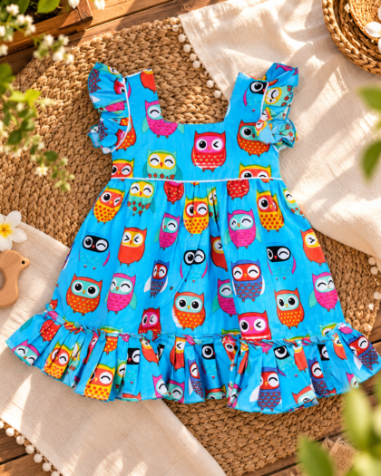 Cotton Owl Print Frock/6-12 Month