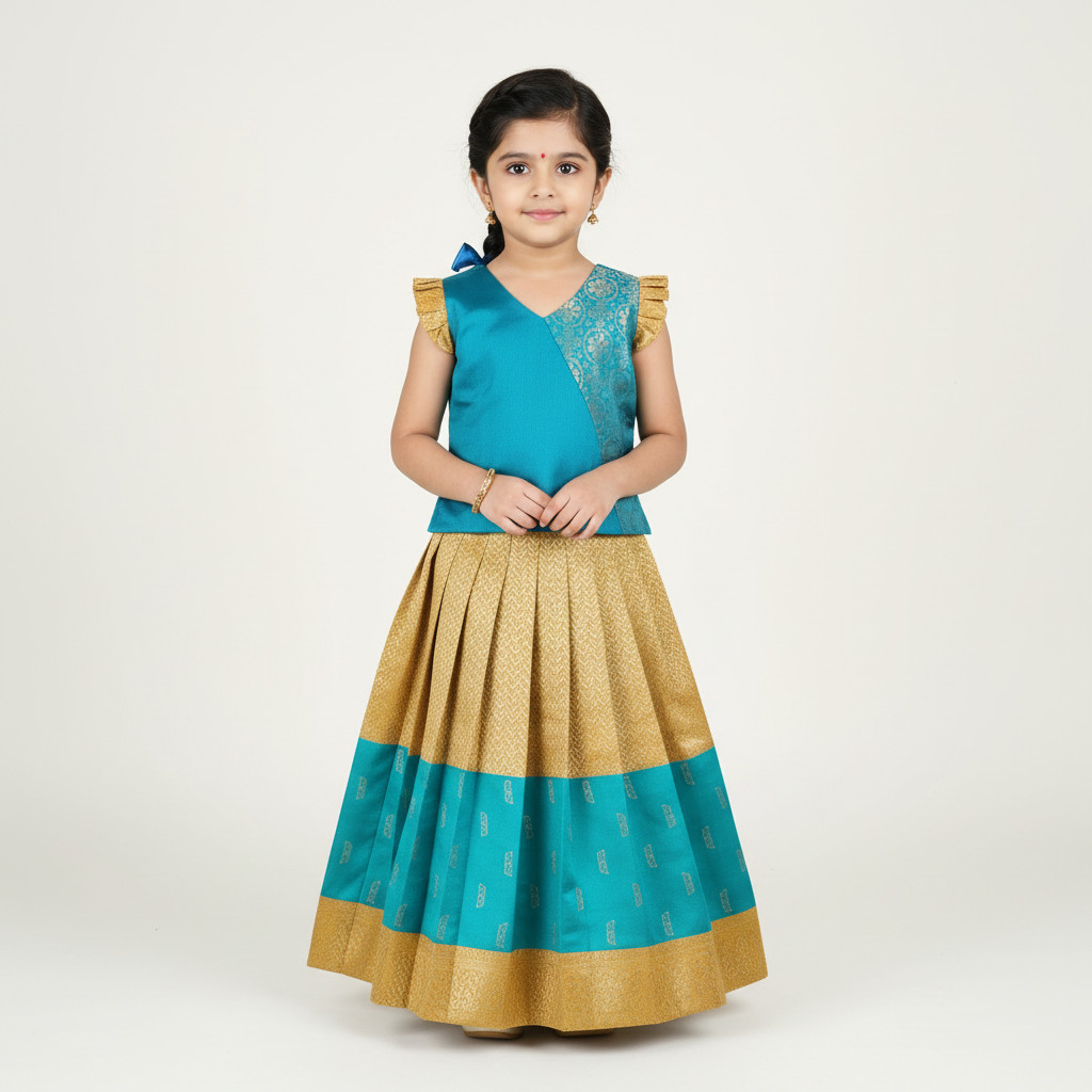 Mustard & Aqua Silk Pavadai & Chattai - Image 2