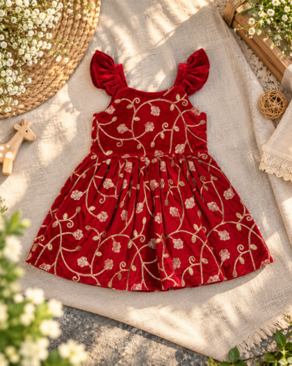 Red And Gold Velvet Frock/2-3 Years