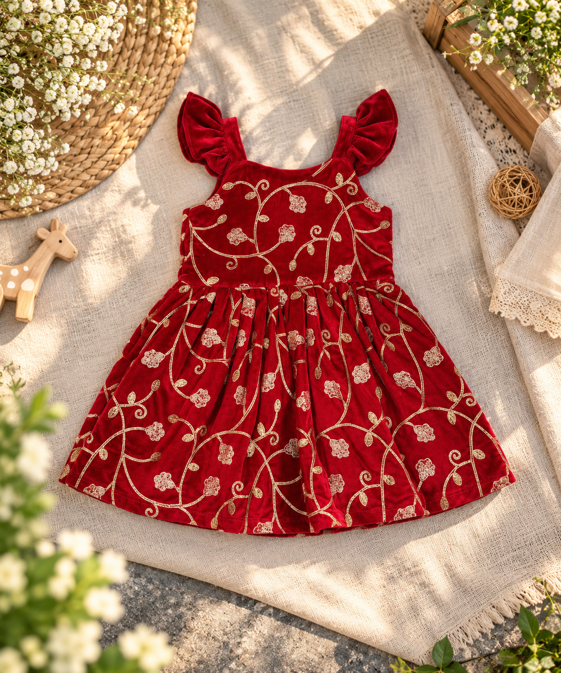 Red And Gold Velvet Frock/2-3 Years