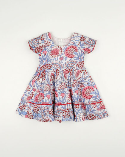 Cotton-White And Blue Floral Frock/0-6 Month