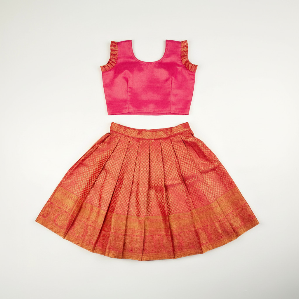 Pink Brocade Silk Pavadai Chattai/3-4 Years