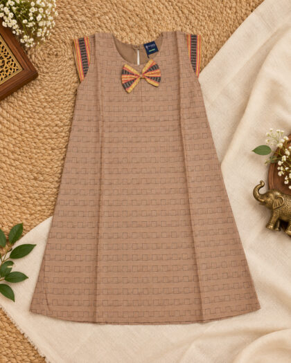The Fawn and Black Zig Zag Line Frock with Single Bow - Handloom Cotton /9-10 Years